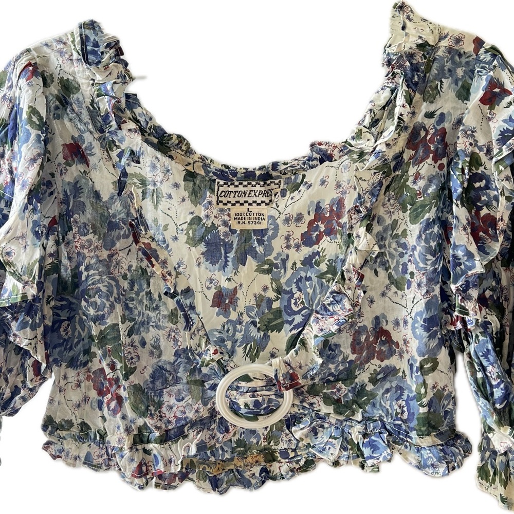 Cotton Express Ruffled Blue and White Blouse with Puff Sleeves